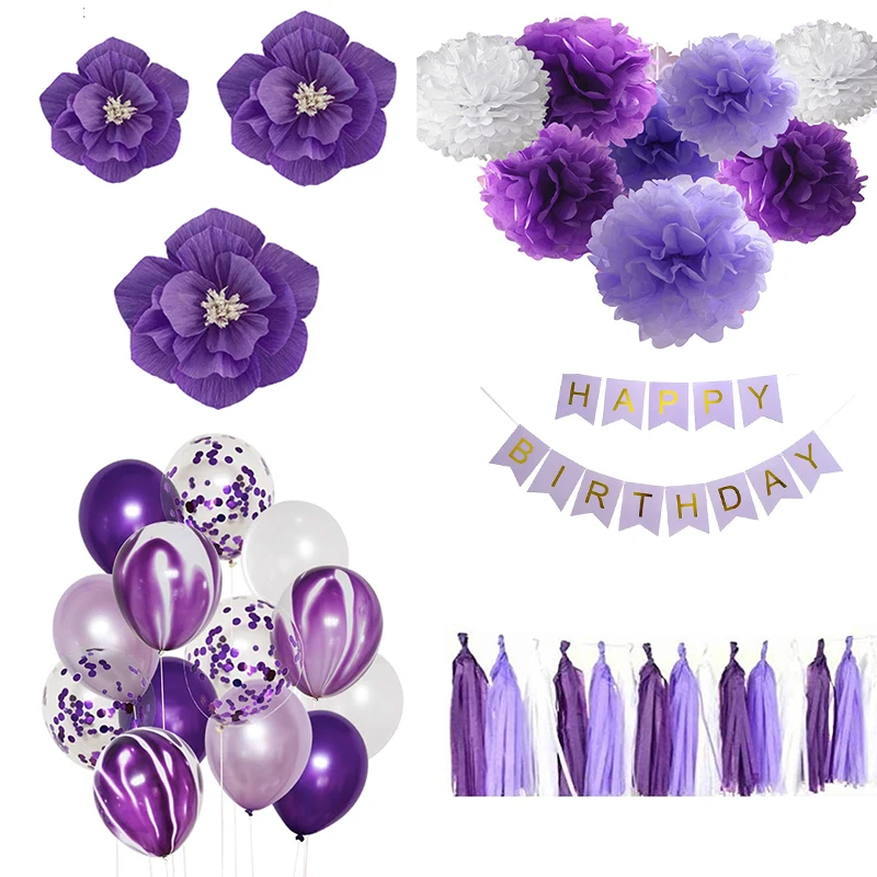 Purple Happy Birthday Banner Party Decorations Purple White Balloons Garlands Lavender Mermaid Birthday Themed Party Streamers