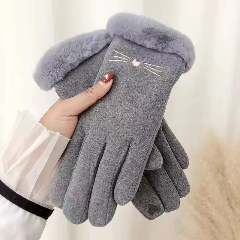 Winter Female Cashmere Warm Suede Leather Cycling Mittens Double Thick Velvet Plush Wrist Women Touch Screen Driving Gloves