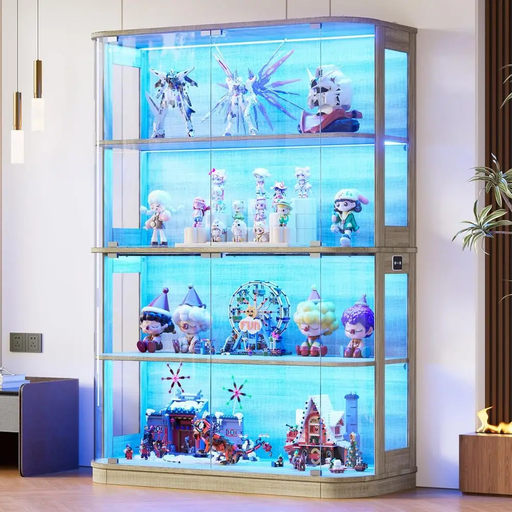47.2 Glass-Door 4-Tier Display Cabinet with LED Lights, Touch-Open Doors, and Human Body Sensor for Collectibles and Artwork