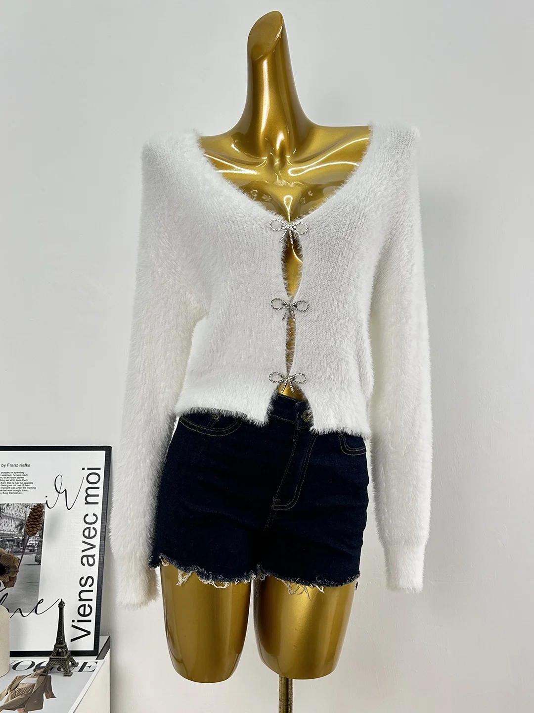 

Мягкий вязаный кардиган с имитацией меха для женщин, весенне-осенний, нежный, с V-образным вырезом, свитер-накидка с узлом