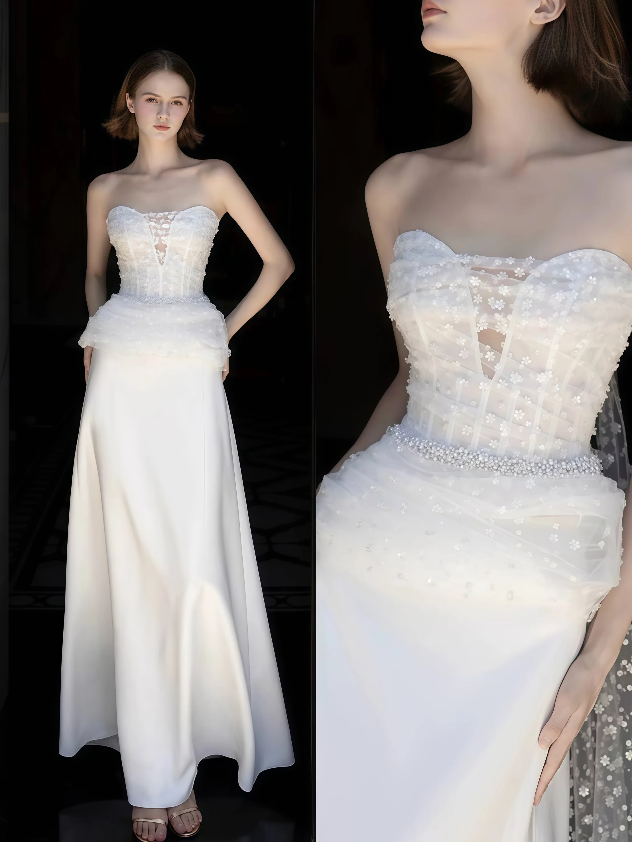 

Sexy V-Neck White Celebrity Dress A-Line Strapless Open Back Sleeveless Satin Special Occasion Prom Evening Dress
