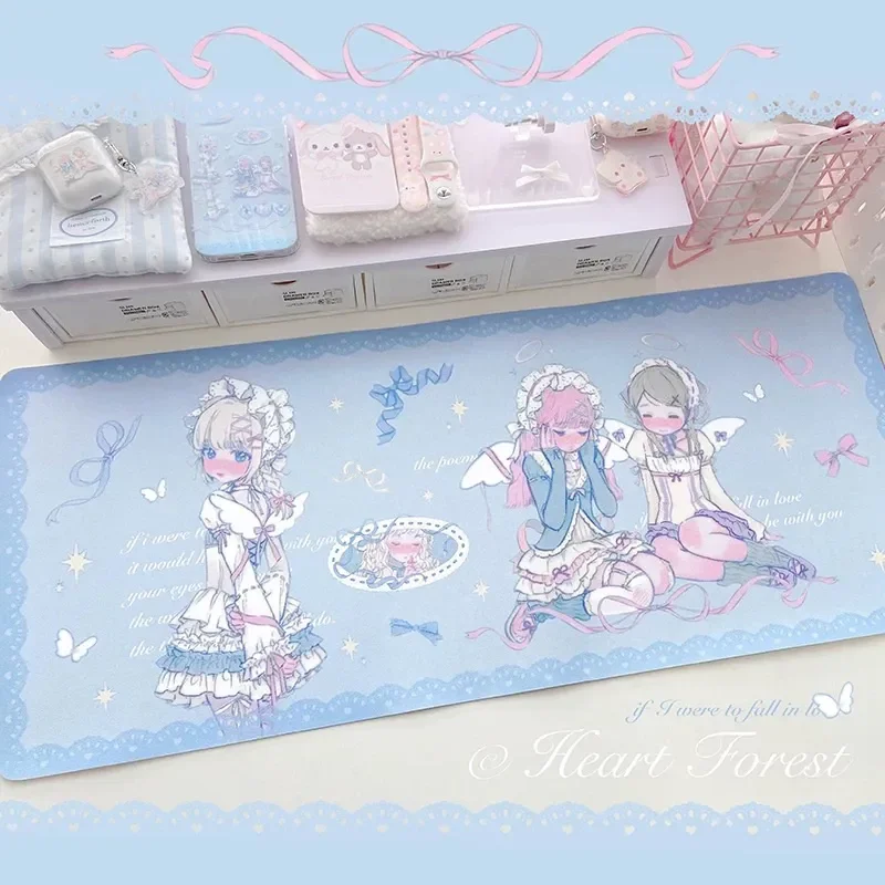Leather Desk Pad Protector Anime Blue Angel Girl Y2K Kawaii Mouse Pad Office Desk Mat Waterproof Non-Slip PU Desk Blotter Pad