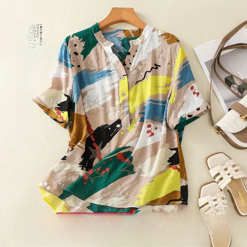 

Casual Commute Sle Printed Cotton Linen Blend irt fiti ort Sve Clean Cut Simple Ele Women's Summer Top