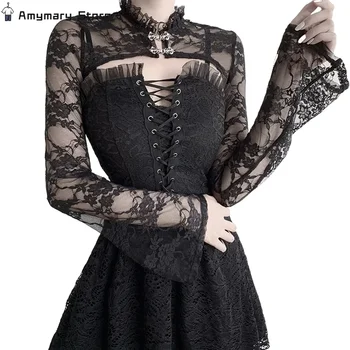 חולצות רשת וינטאג' גותיות לנשים היליסופוס הראג'וקו חדשות סקסיות שחורות עם שרוולים מתרחבים חולצות חורים שקופות סקסיות חולצת רייב