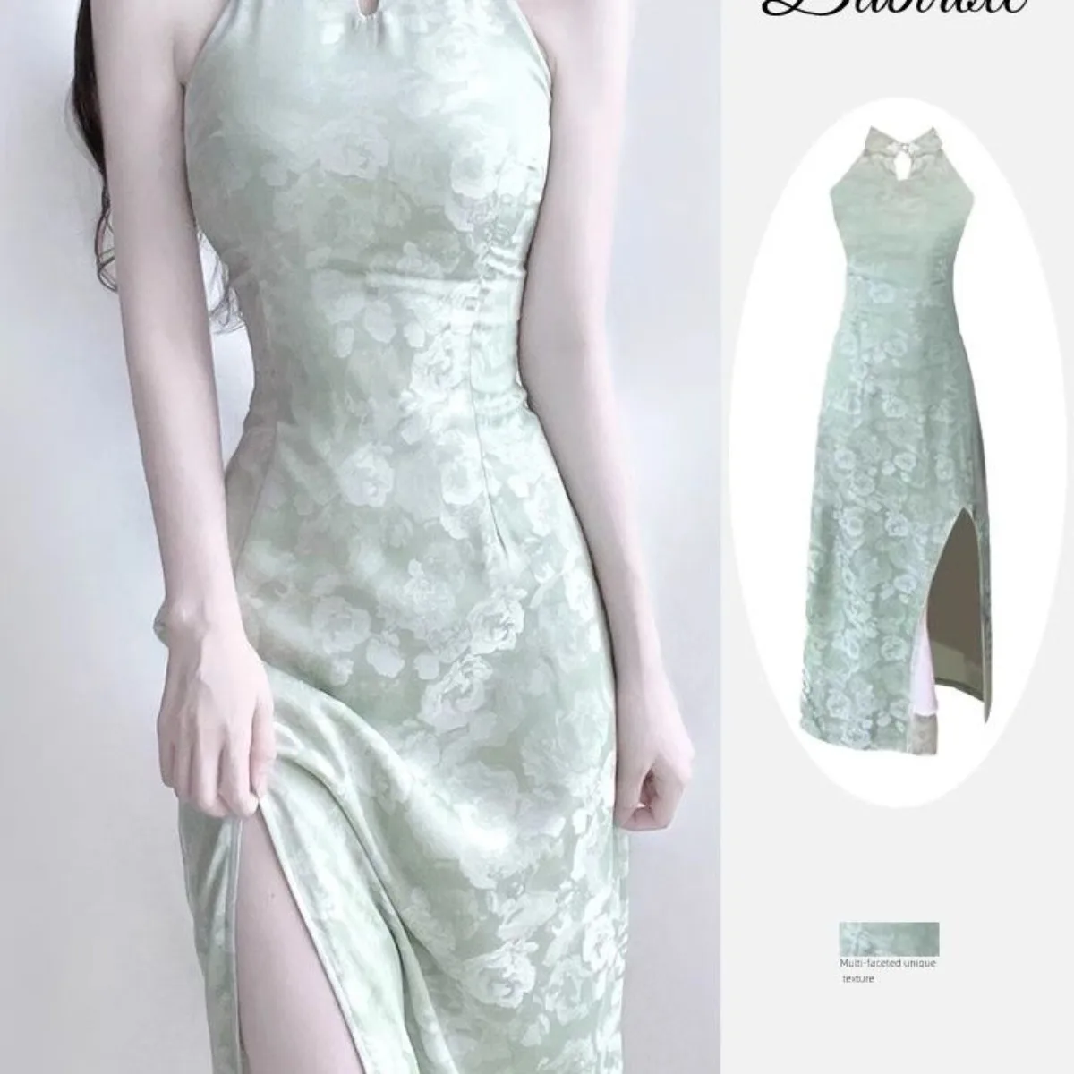 Qipao Dress New Chinese Style, High Slit Bodycon Skirt 2025, Floral Print Mandarin Collar Frog Button Dress