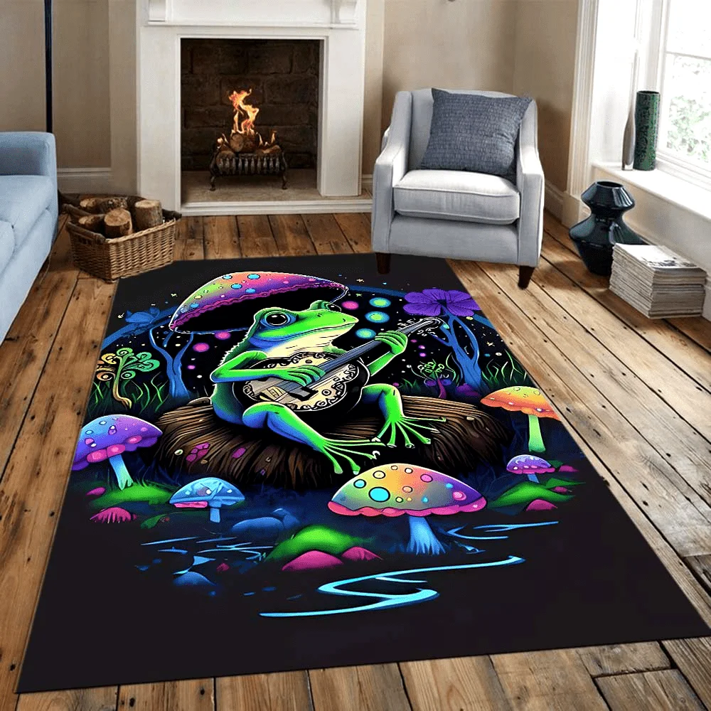 1pc 2D Flat Frog Playing Guitar Neon Mushrooms Psychedelic Flannel Area Rug Non Slip Fantasy Art Carpet For Living Room Floor