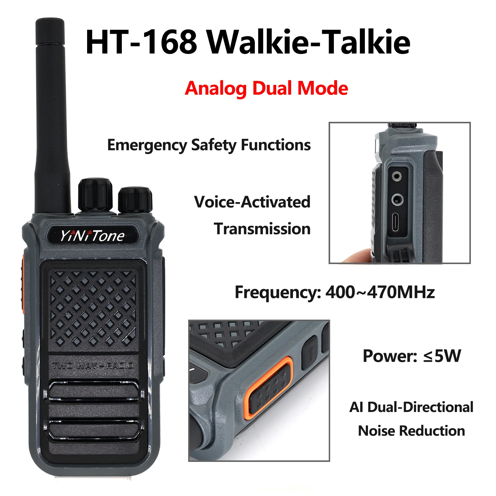 

YiNiTone HT-168 Digital Two-Way Radio 400-470MHz - 6800mAh Battery, AI Noise Reduction, Voice Prompt