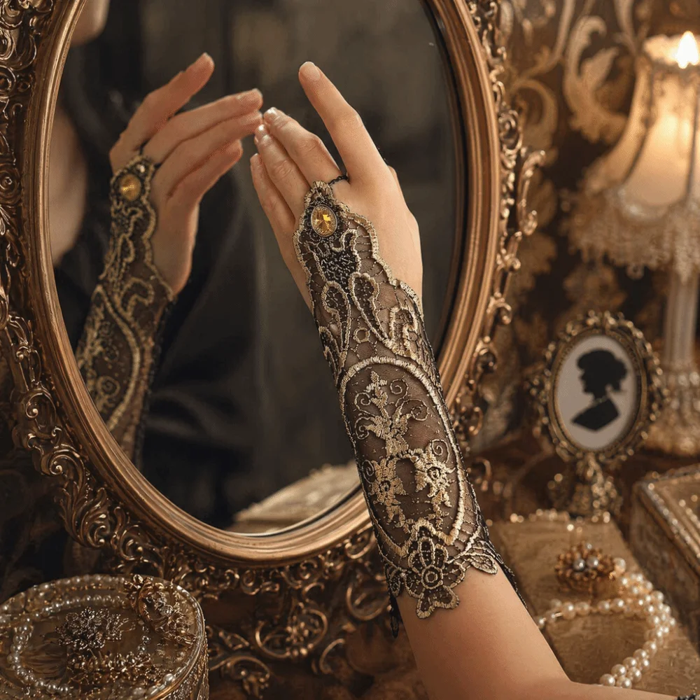Lace Cuff Fingerless Glove Vintage Style Gothic Style Steampunk Glove Black Gold Color Elastic Halloween Accessories