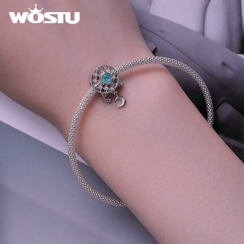 WOSTU 925 Sterling Silve Dreamcatcher Charms Starry Moon Star Beads Blue-green Butterfly Fit Original Bracelet Women DIY Gift