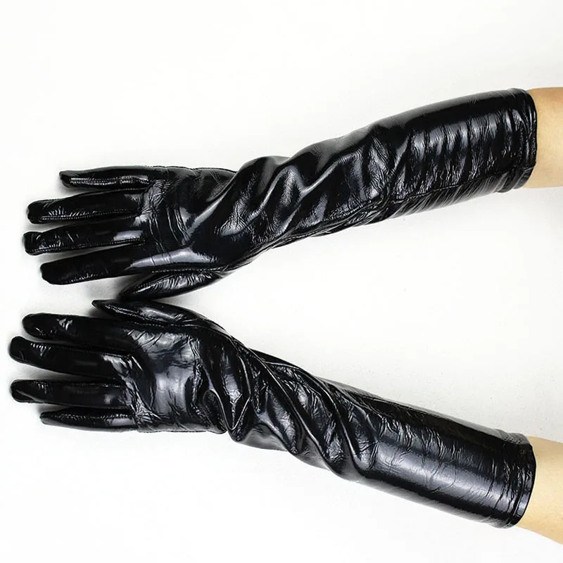 Long Patent Leather Gloves Women\'s Sheepskin Thin Rayon Lining Sleeves Velvet Lining Autumn and Winter Warmth Finger Gloves