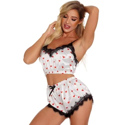 Women's 2PCS Summer New Fashion Pajamas V-Neck Stretch Satin Lace Sexy Cute Girl Love Suspenders Shorts Pajamas Comfortable Set