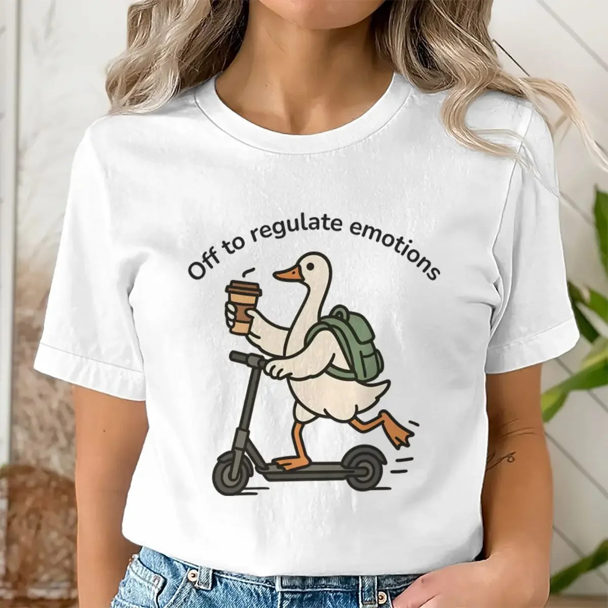 Funny Mental Health Women's T-shirt Off To Regulate Emotions Cute Duck Coffee Scooter Graphic Casual Short Sleeve Crew Neck Tee