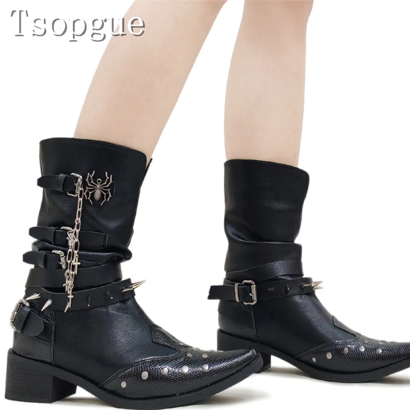 

Black Metal Rivets Chains Punk Style Ankle Boots for Women Designer New Pointed Toe Belt Buckle Thick Heels Knight Boos