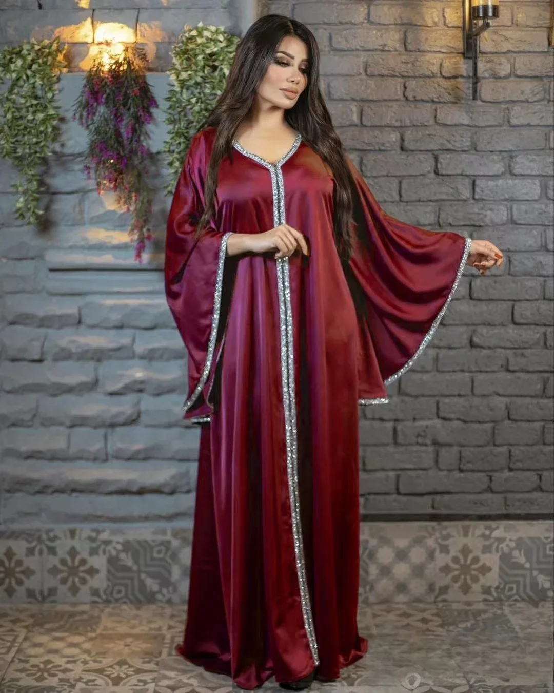 Abaya Dress 2023 Summer Elegant Muslim Women 3/4 Sleeve V-neck Polyester Blue Yellow Green Long Dresses Muslim Fashion Abaya 2