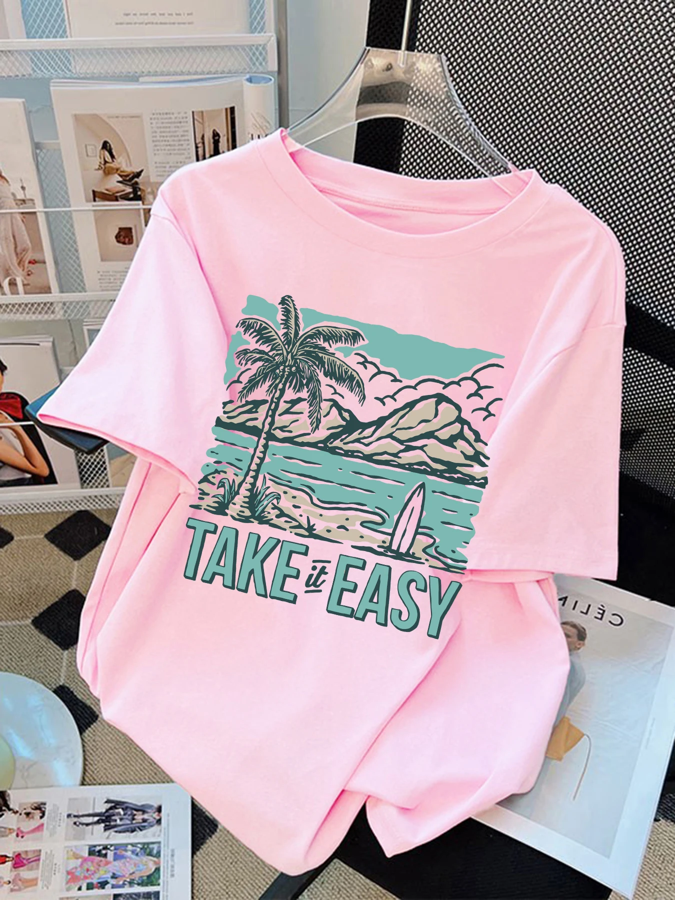 

Take It Easy Pattern Female Basics Tee Shirts Summer Hip Hop All-Match Tops Casual Cotton Clothes Crewneck Unisex Short Sleeve