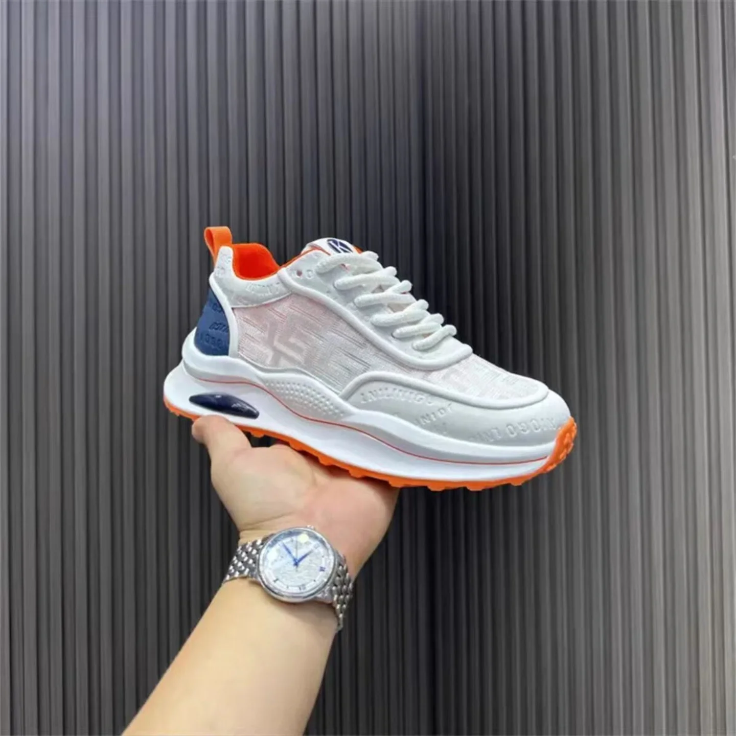 Men's Fashionable Thick-Heeled Sports Casual Shoes Breathable Mesh Autumn New Style White Sneakers Youth PU Material Rubber Sole