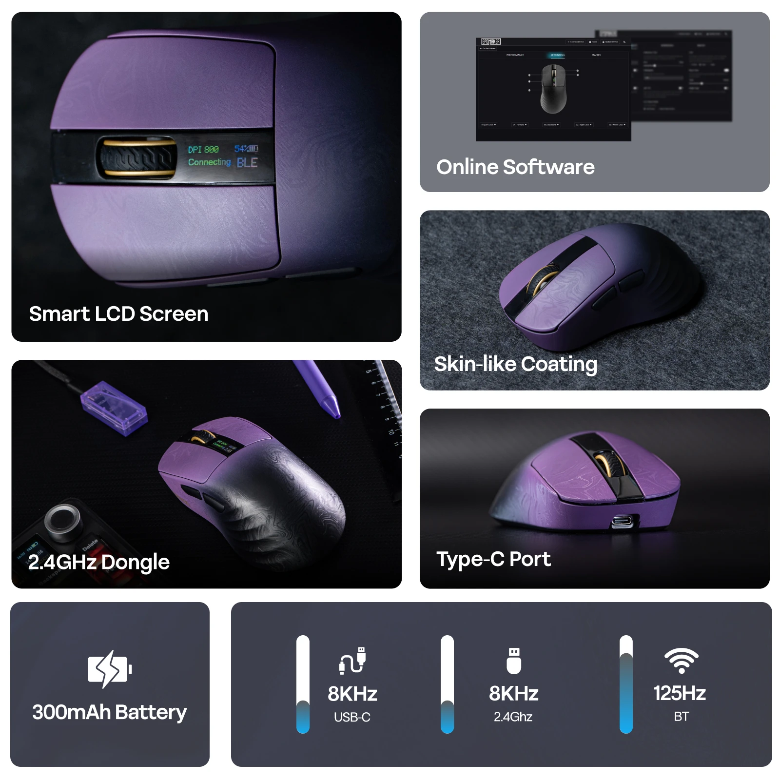 EPOMAKER Carbonis 트라이 모드 무선 PAW3950 센서 게이밍 마우스 8K 폴링 레이트 및 30K DPI 디지털 디스플레이가 있는 인체공학적 마우스
