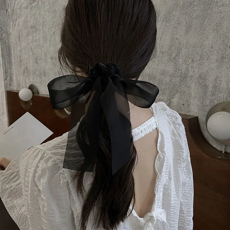 French White Bowknot Mesh fasce per capelli di grandi dimensioni Scrunchie Ribbon corda per capelli a doppio strato legata coda di cavallo accessori