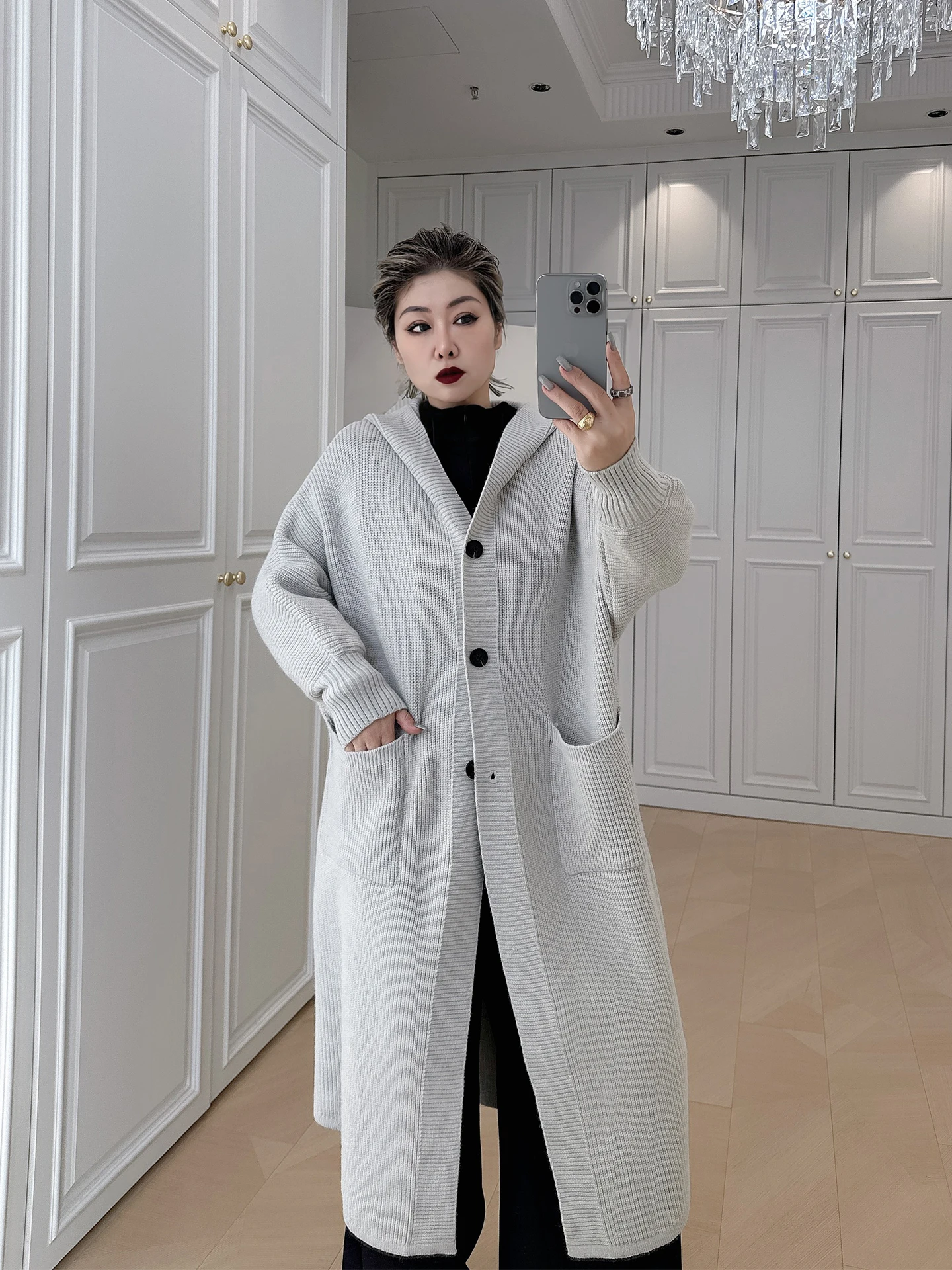 

Laid-ba Sle Hooded Knitted Open Cardigan plus Size Women's Loose Slimming Sweater Jaet 200 Pou Fat MM Simple Top