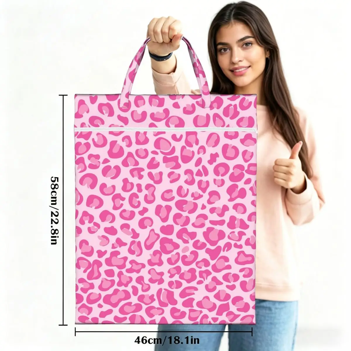 Pink Leopard Print Travel Laundry Bag Waterproof Reusable Dirty Clothes Pouch Gym Yoga Camping Washing Basket