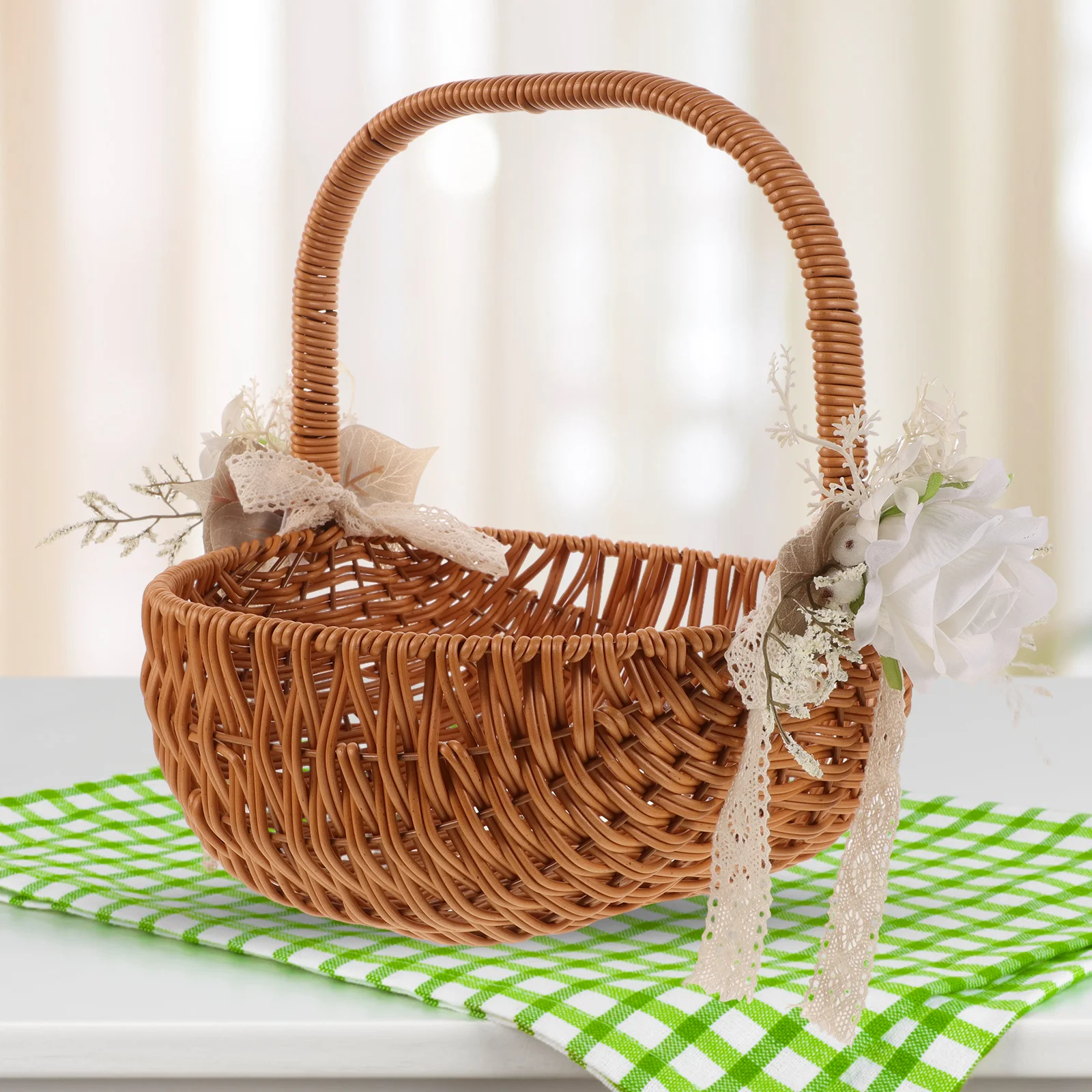 

Stylish Imitation Rattan Handheld Basket Portable Fruit Storage Organizer Wedding Decoration Gift Use Plastic Woven Handmade