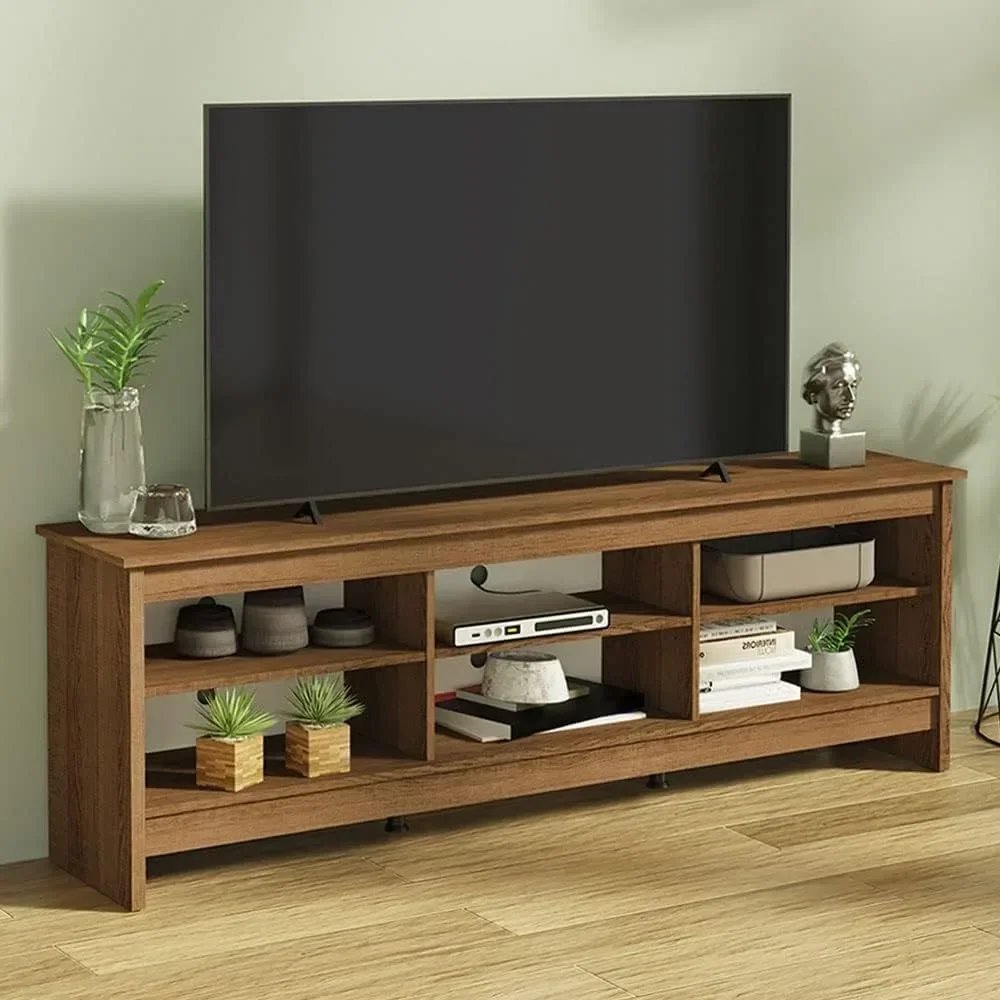 

TV Stand with 6 Shelves and Cable Management, for TVs up to 75 Inches, Wood TV Bench– Rustic