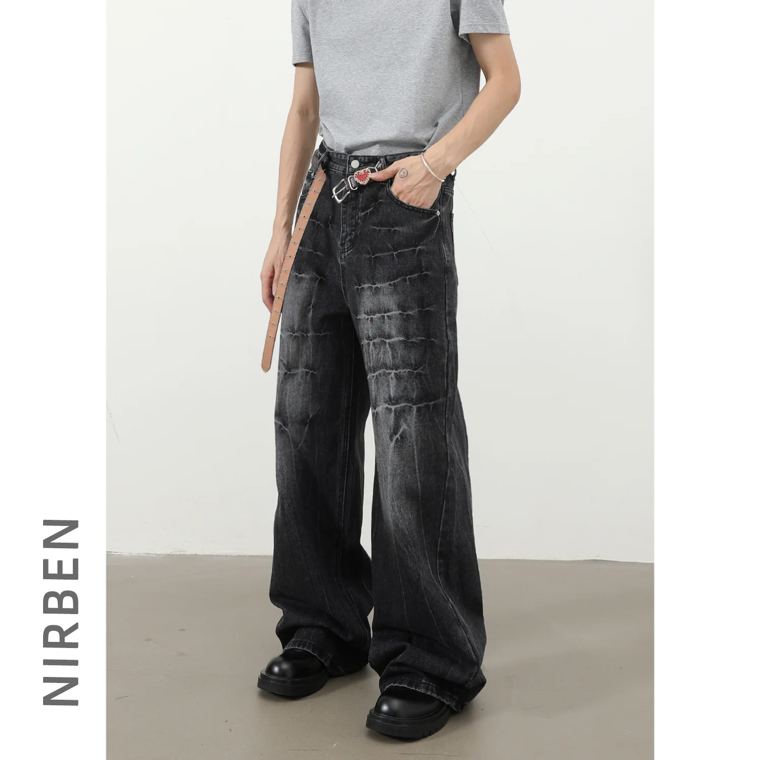 Men's Blue Black Grey Washed Loose Straight Simple Basic Wide Leg Jeans Pants American High Street Style New Fashion Trousers