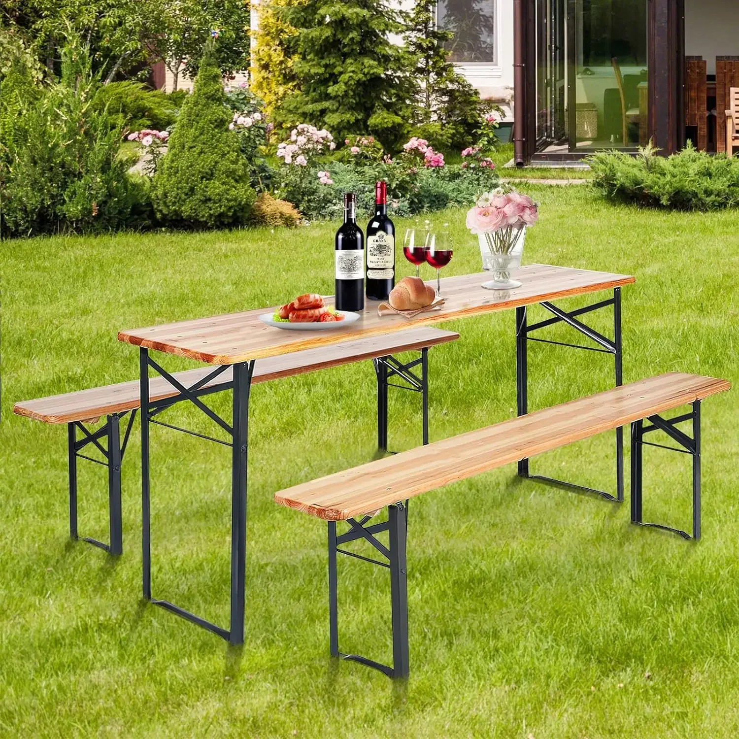 3 Piece Folding Picnic Table Bench Set, Foldable Wood Picnic Table with 2 Benches with Heavy-Duty Metal Frame, Space-Saving