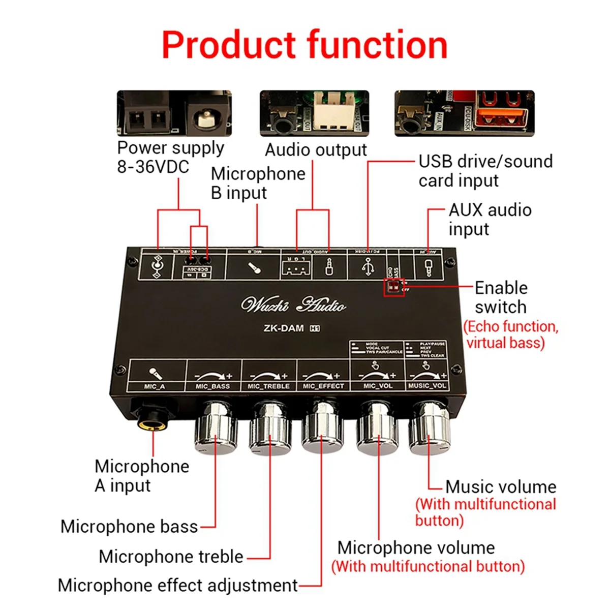 ABSQ-DAM H1 คาราโอเกะ Reverb Board ด้านหน้าผลไมโครโฟนร้องเพลงพร้อม Bluetooth USB ถอดรหัส (A)