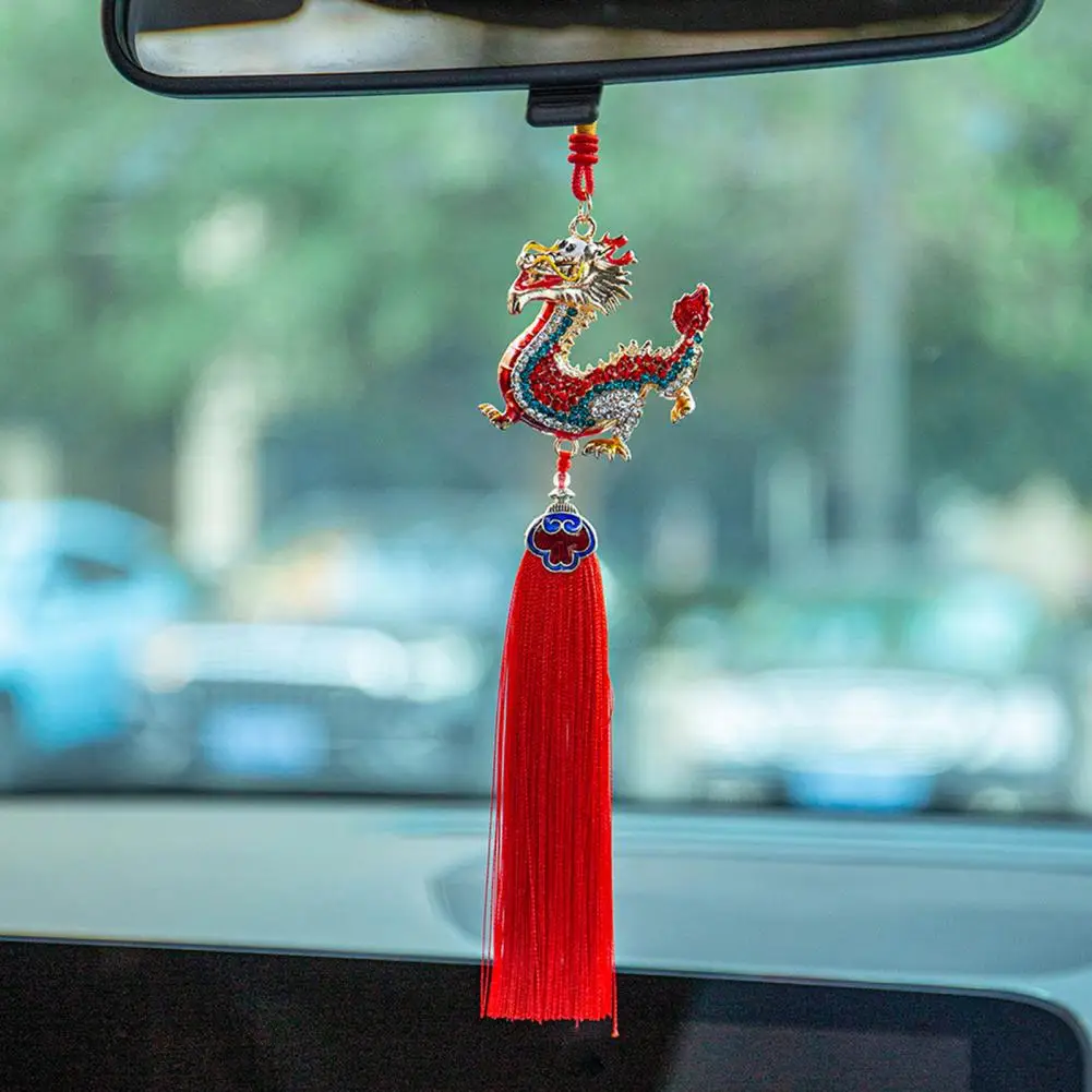 Unique Dragon Accessory Chinese Dragon Figurine Ornament with Tassel Rhinestones Inlay Zodiac Dragon Model for Car for Home