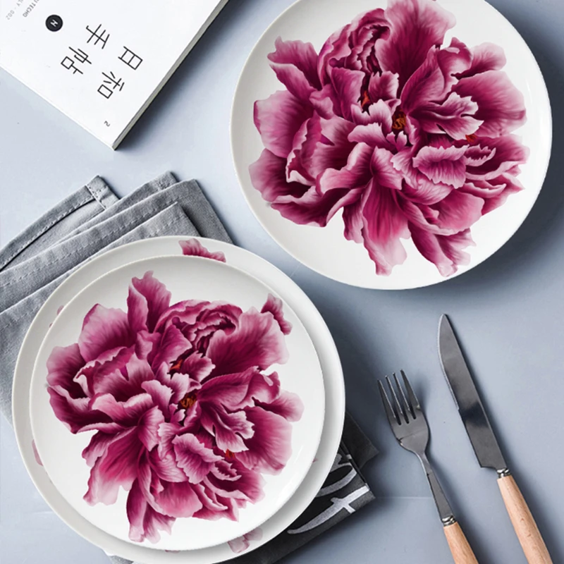 

Pink Flowers Dishes and Plates Sets High Quality Bone Porcelain Bowl Ceramic Plate