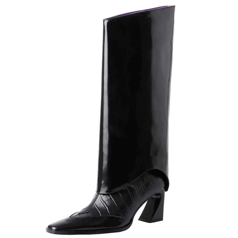 

Europe And America Women's Oxhide Knee High Boots High Quality Crocodile Pattern Chunky Heel Square Head