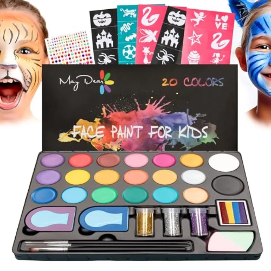 

Face Painting Kit for - Water Based Makeup Palette with Stencils, Glitters, Rainbow Split Cake, Hair Dye Clips, for Parties, Ha