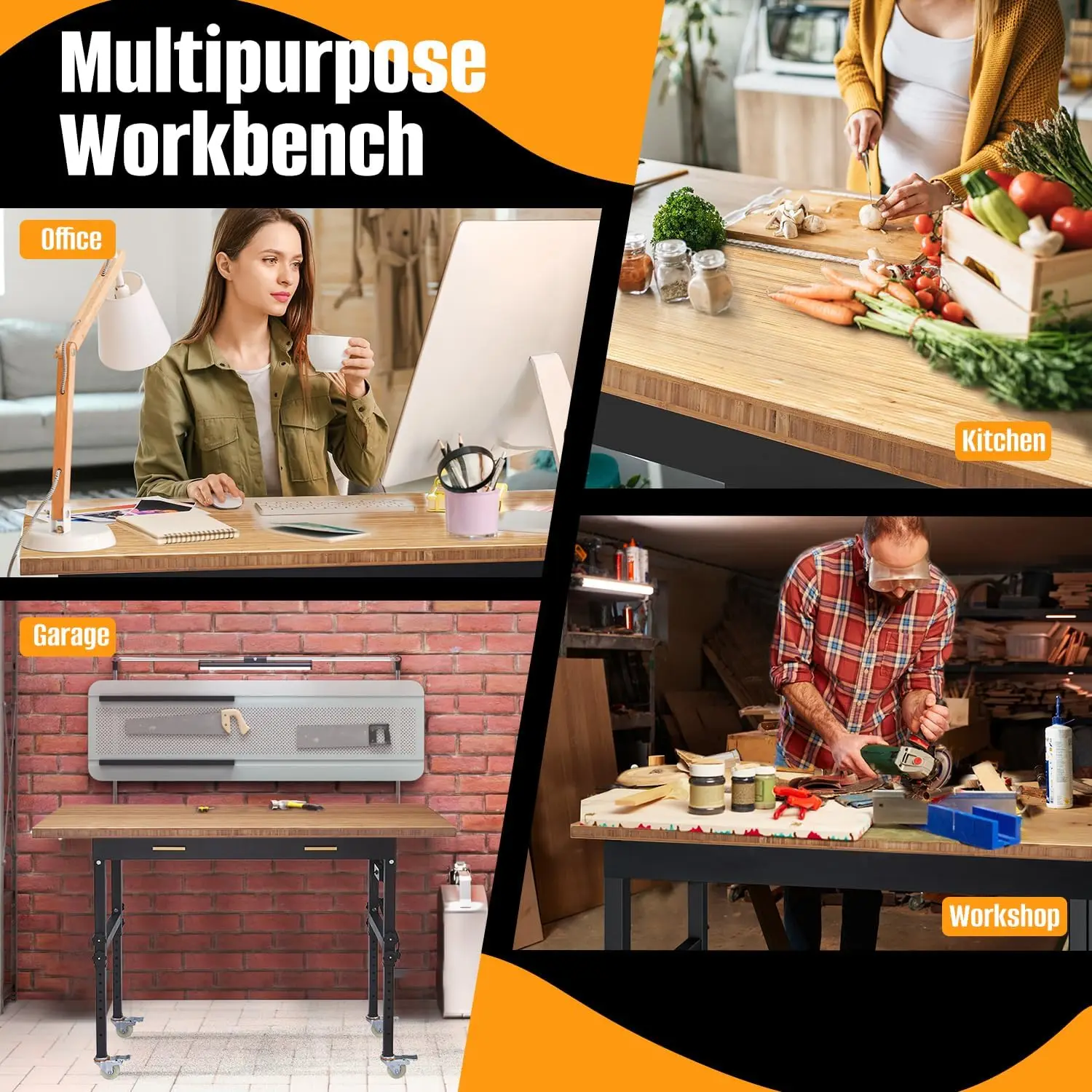 60" Adjustable Work Bench with Drawer Storage, Power Outlet, and Wheels - Heavy Duty Work Table for Home, Garage, and Office