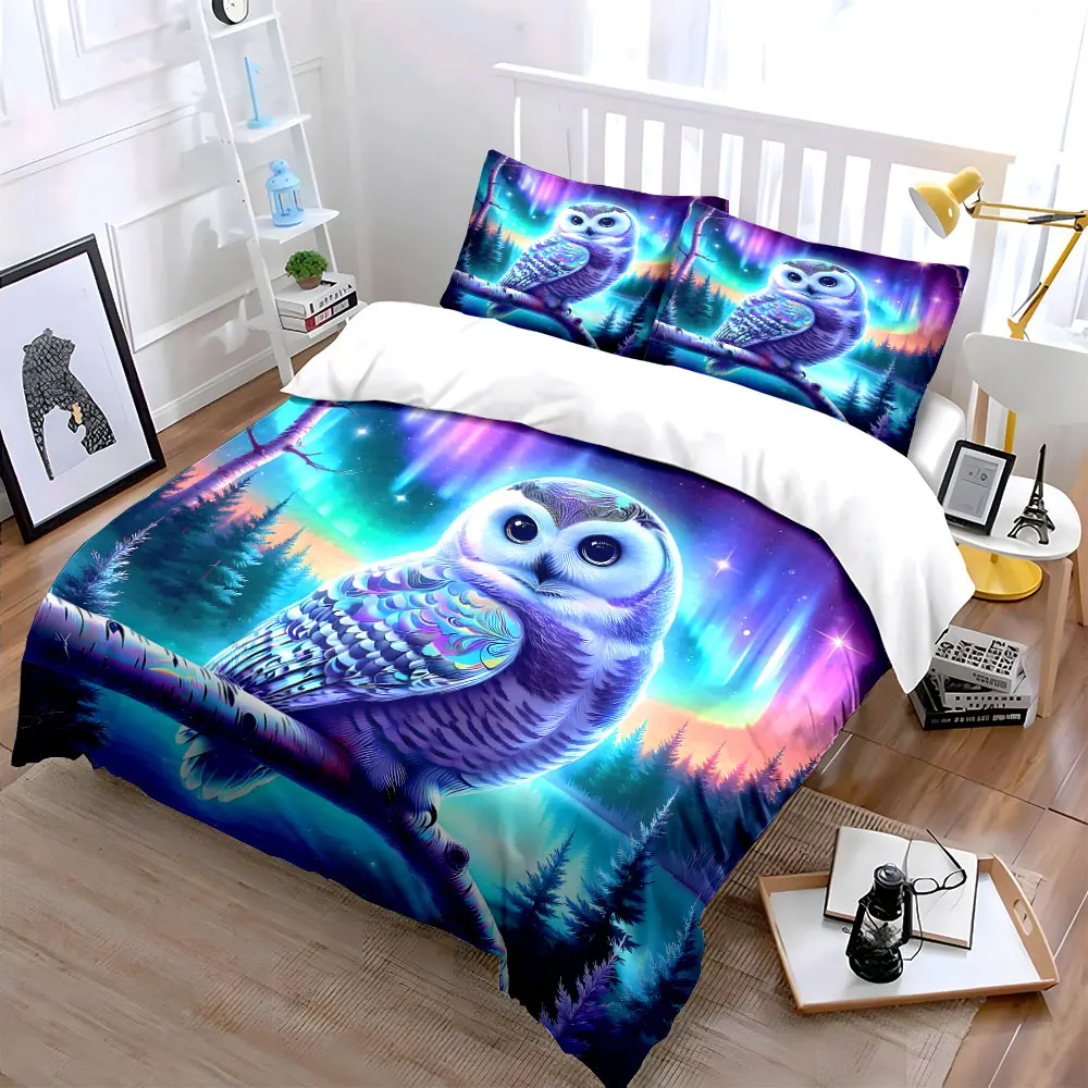 Owl with Aurora Glow Printed Duvet Cover Set1 Duvet Cover+2 PillowcaseMulti Size Bedroom Bedding Decoration Luxury gifts