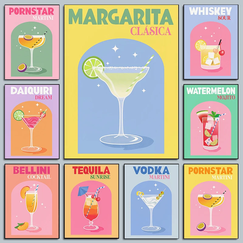 (No frame)Simplicity Colorful Cocktail Posters Trendy Drinks Prints Whiskey Bar Cart Prints Canvas Painting Wall Pictures Hom
