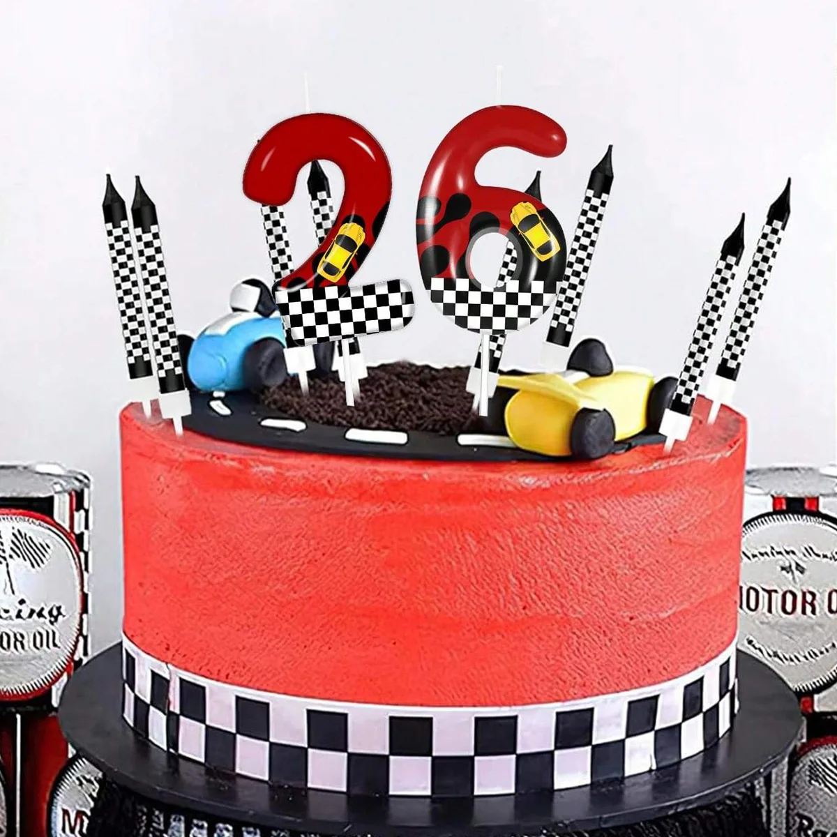 7pcs Red Racing Cars Themed Birthday for CakeCandles, Number 0-9 Candle Birthday Cake Topper，Checkered Flag,Cake Decoration
