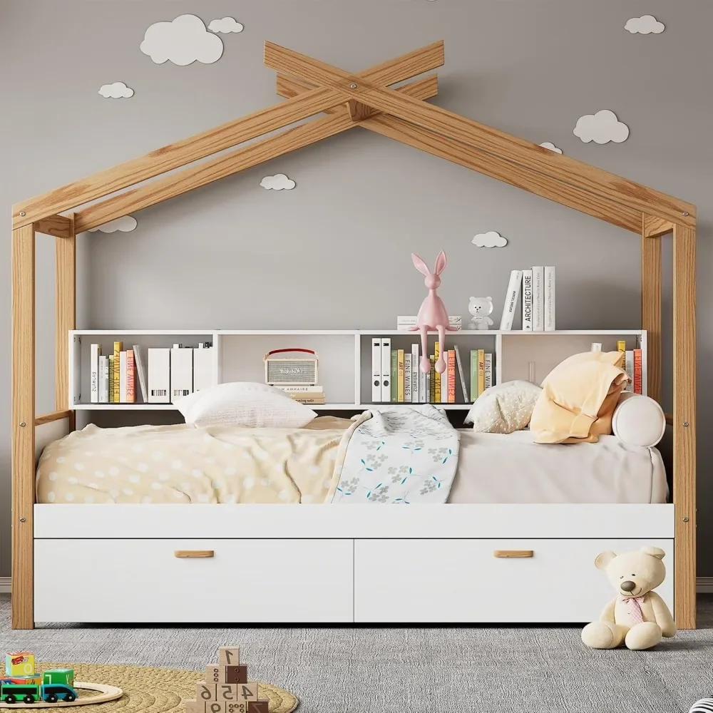 Cama de casa de tamaño completo con cajones de almacenamiento para niños, marco de cama completo para niños con estanterías, marco de casa de madera para niñas y niños