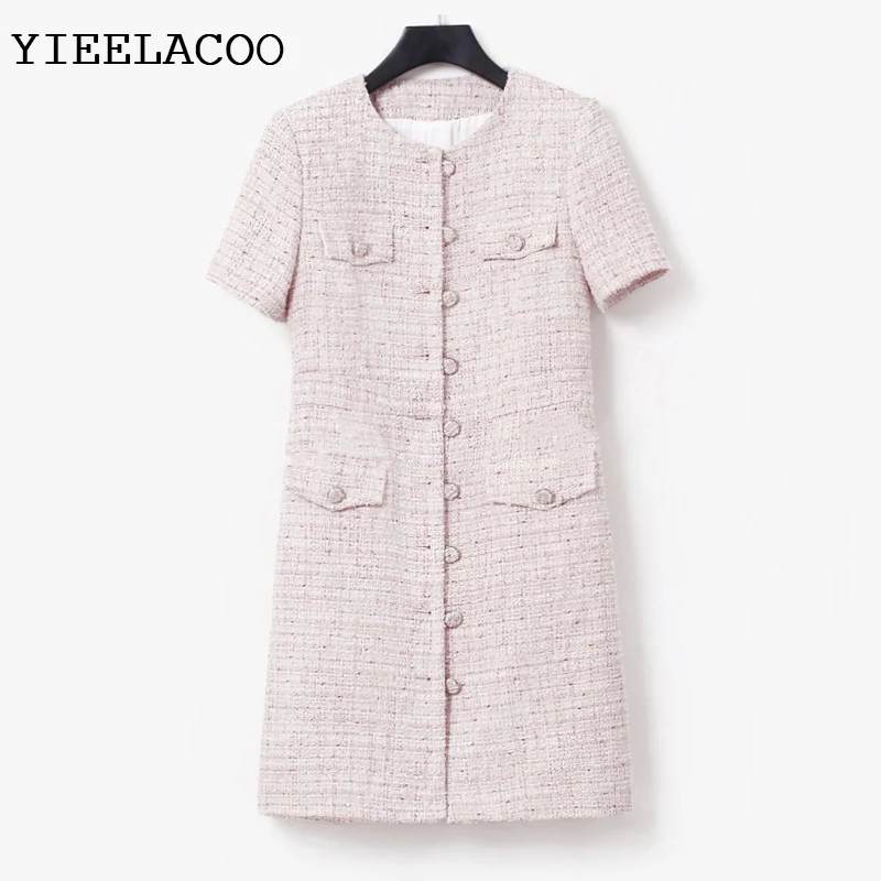 

Pink tweed dress Short sleeve spring / autumn women's dress tassel ladies slim bottoming dress one-piece