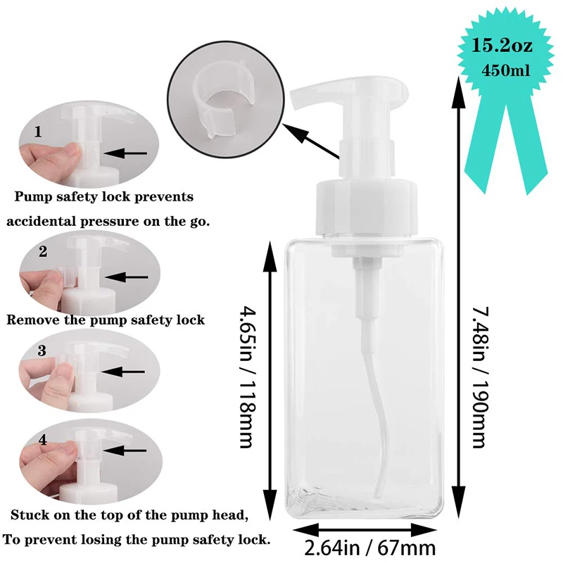 2 Pack Foaming Soap Dispenser 15Oz Refillable Foam Liquid Hand Soap Empty Plastic Pump Bottle Container - 450Ml