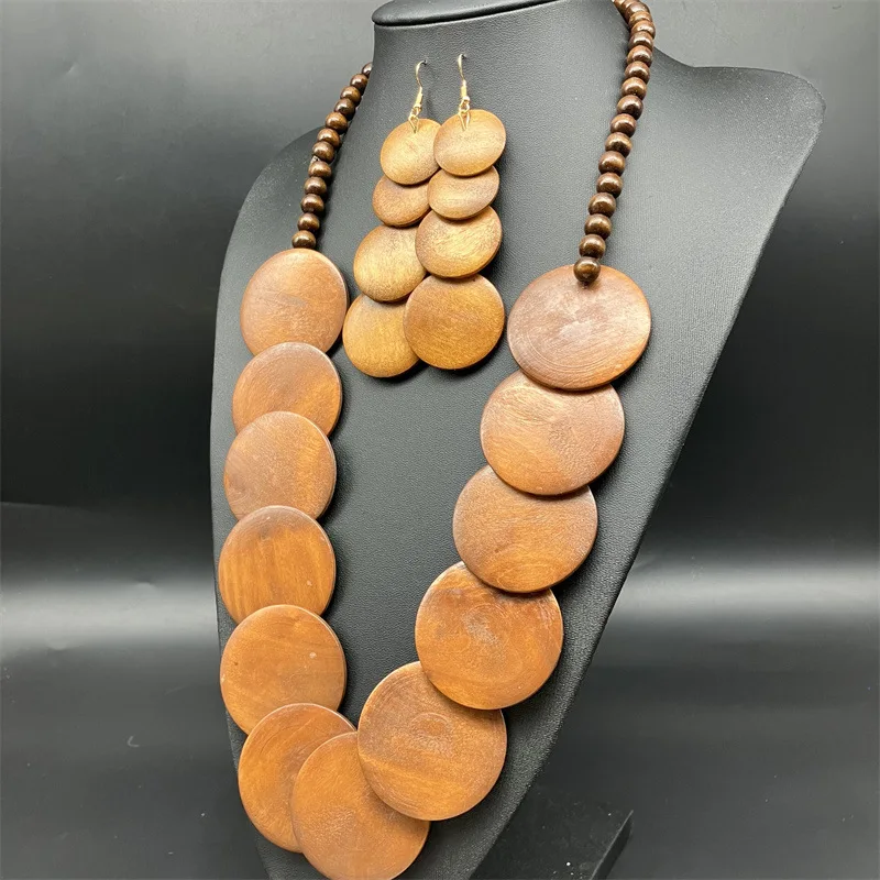 Statement Africa Nigera Style Colorful Round Wood Necklace Earrings Set Bohemian Long Wooden Disc Necklace For Women