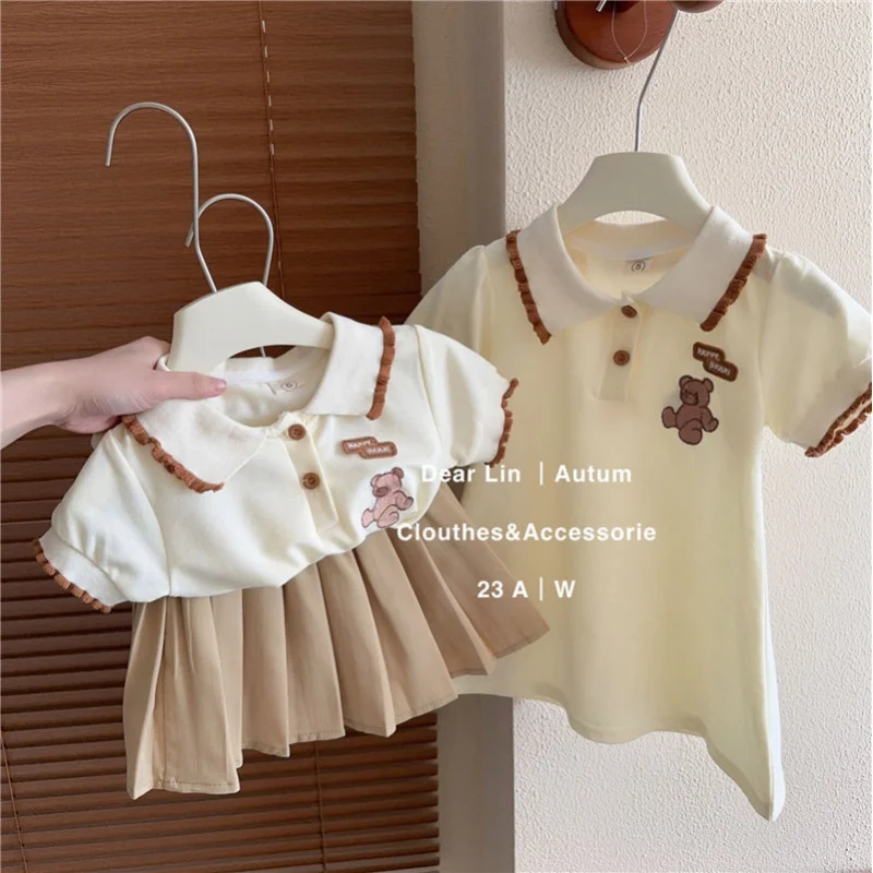 

GirlsTT-shirt and skirt setPoloSummer new style shirt dress for kindergarten, stylish two-piece set for little girls