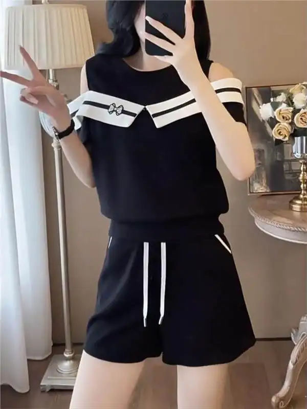 Elegant Summer Shoulder Bared Casual Women's Fashion Set Two Piece Suite Age Reducing High End Feelings Short Sleeve round Neck
