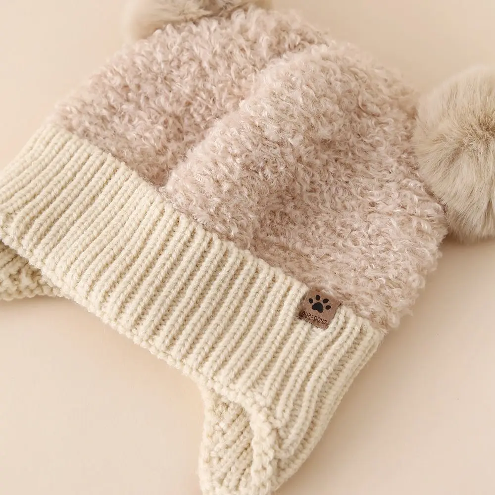 ダブルポンポン ダブルヘアボール ベビーハット ニット 暖かいポンポンハット 無地 防風ビーニーキャップ 男の子用