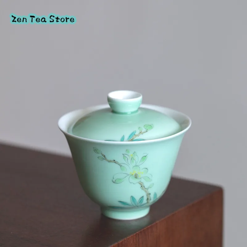 Pure Hand-painted Magnolia Celadon Cover Bowl Kung Fu Tea Set Tea Bowl Infuser Household Kung Fu Tea Set