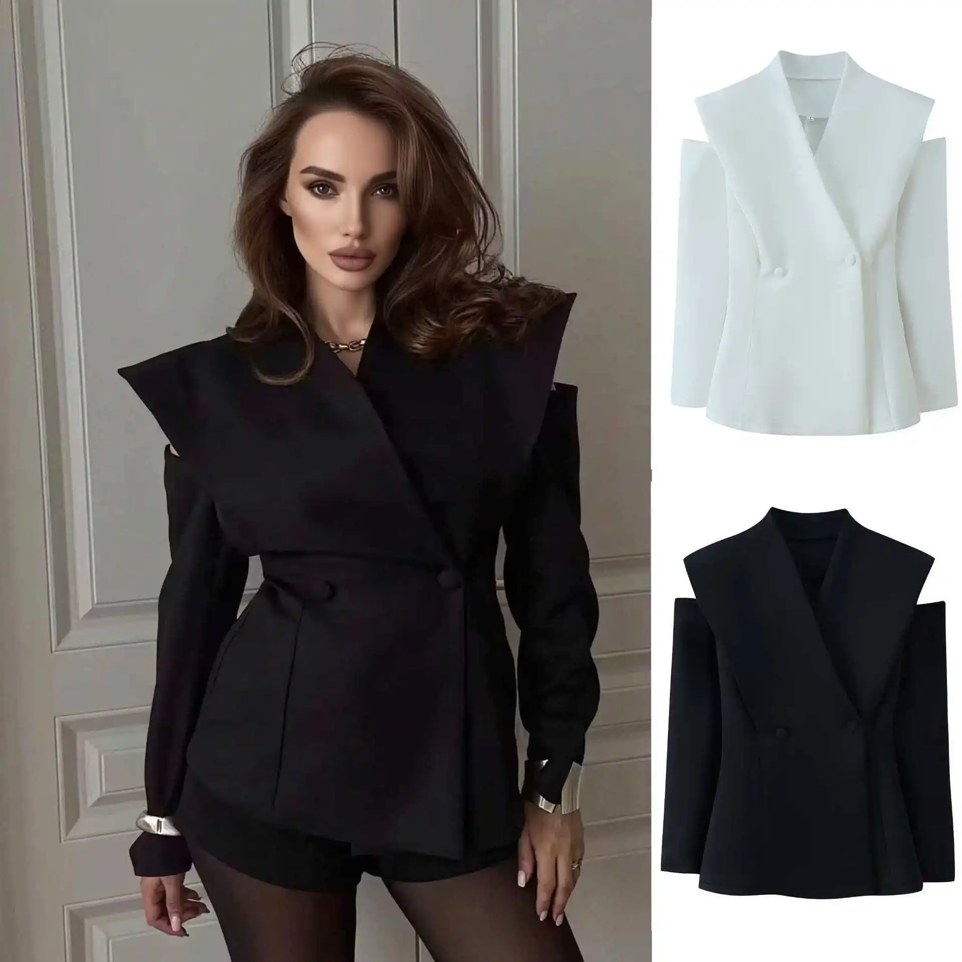 

Женский черно-белый блейзер с открытыми плечами и длинными рукавами, элегантный пиджак для офиса, весна-осень