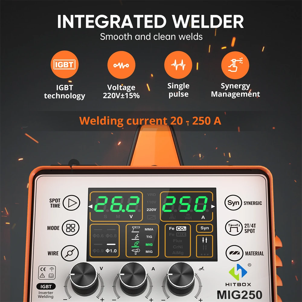 HITBOX MIG250 Aluminium-Puls-MIG-Schweißgerät 220V 250 Ampere 6-in-1 ARC MMA Stick Gas/Gaslos MIG Lift TIG Spool Gun IGBT Inverter-Schweißmaschine Großes intelligentes Digitaldisplay 2T/4T Spot Multi-Prozess-Synergisch-Schweißgerät – Detail 13