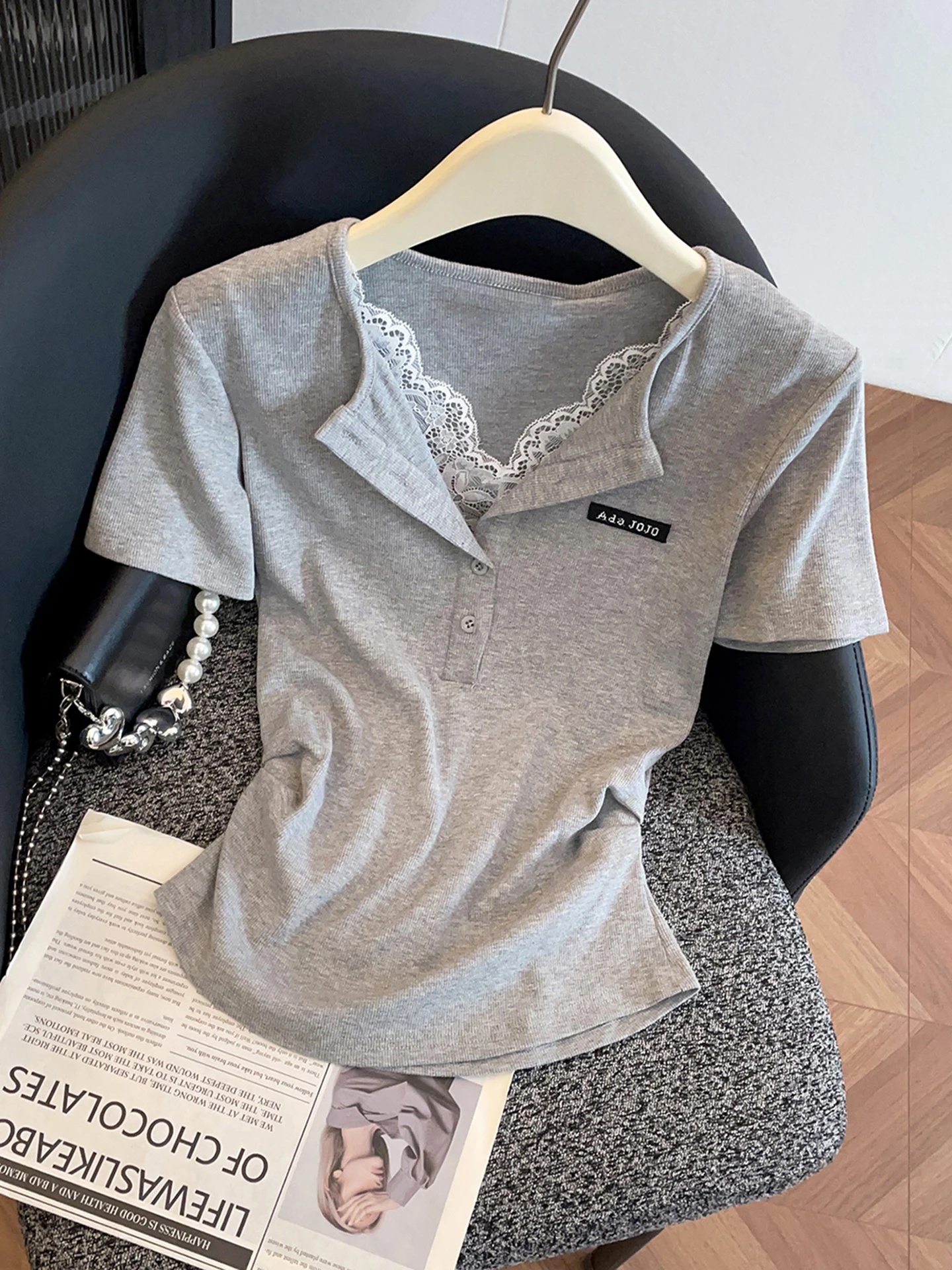 

Casual Lace V-neck Knitted Top Women's T-shirt Summer New Arrival Comfortable Soft Medium Thickness Short Sleeve Knittedwear