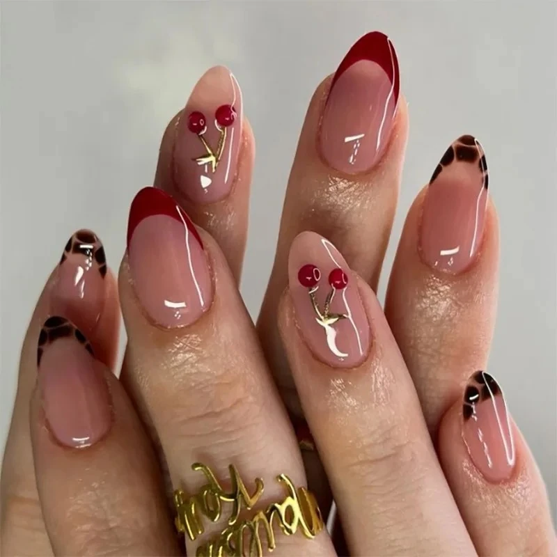 

24Pcs 3D Cherry Press on Oval Nails with Red Edge French Leopard Print Short Almond Nail Detachable Acrylic Finished Product Set