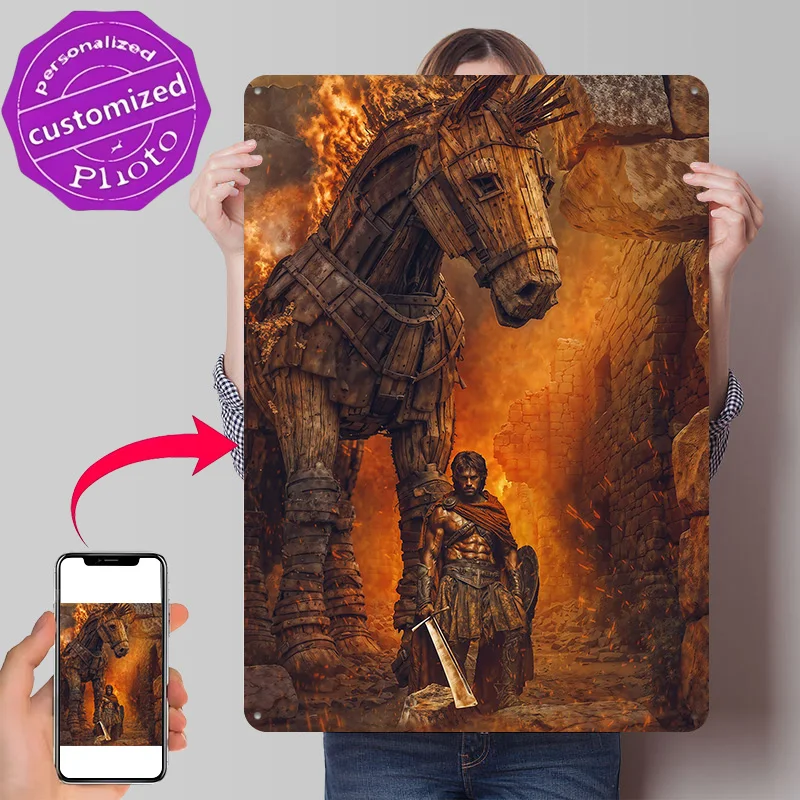 Ulysses and the Trojan Horse in Flames Metal Poster Perfect Gift for Fans Lovers Customized Wall Art Metal Sign for Wand Deko